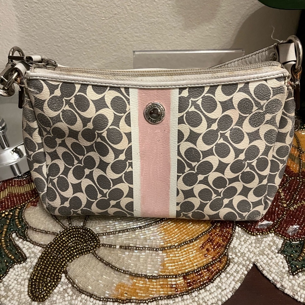 Coach Mini Grey & White Purse. Pink & White Stripe.